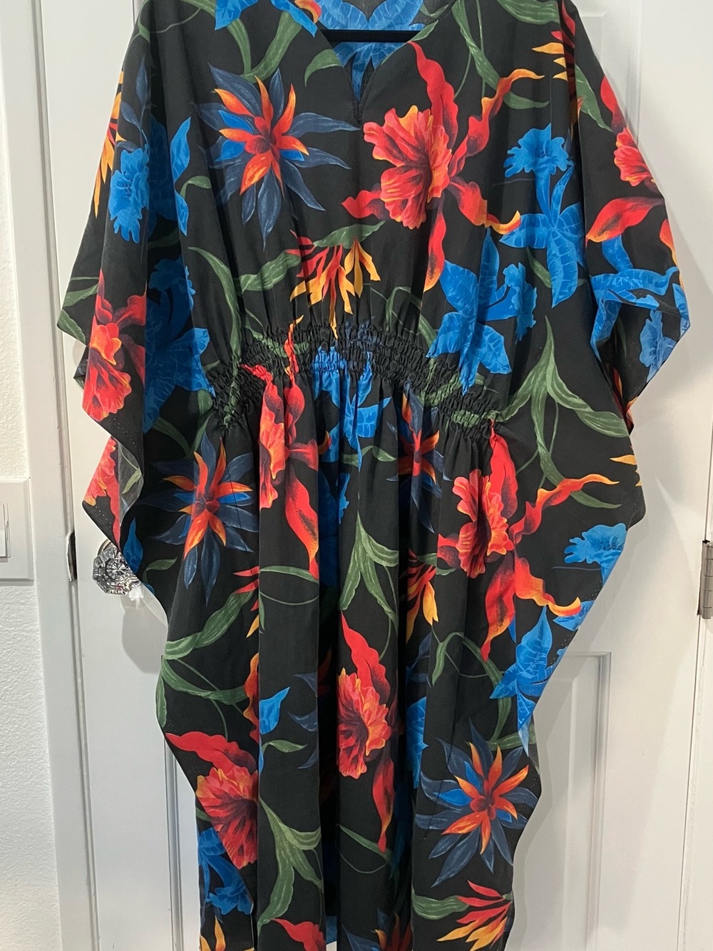 Black Floral Kaftan with Vibrant Red & Blue Flowers